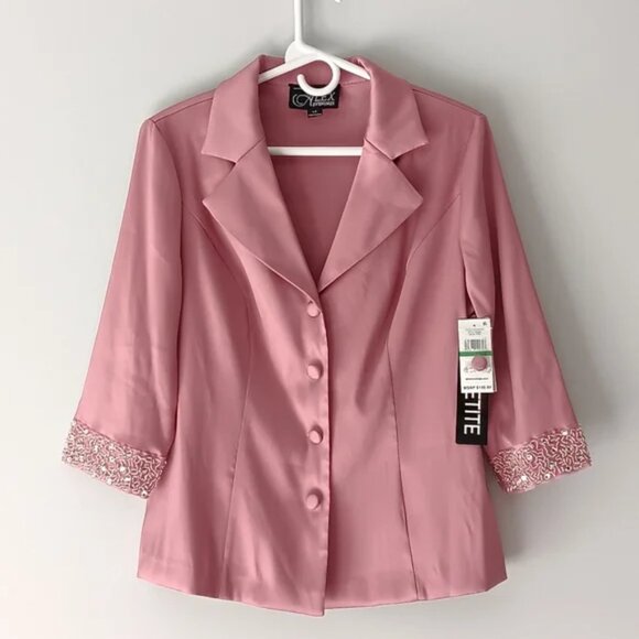 New Alex Evenings Blazer Dressy Collared Sequins Beading Pink Rose Large Petite - Picture 1 of 12